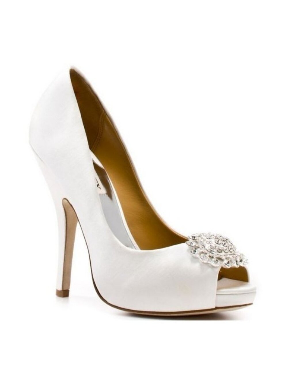 Badgley Mischka Lissa White Satin Bridal Jeweled Open-Toe Pumps Size 10